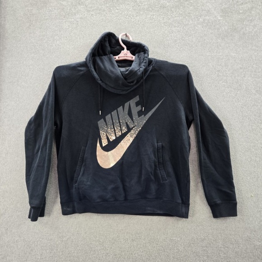 Nike Women Hoodie XL Black Big woosh Logo‎ Cotton Polyester Cowl Neck Pullover